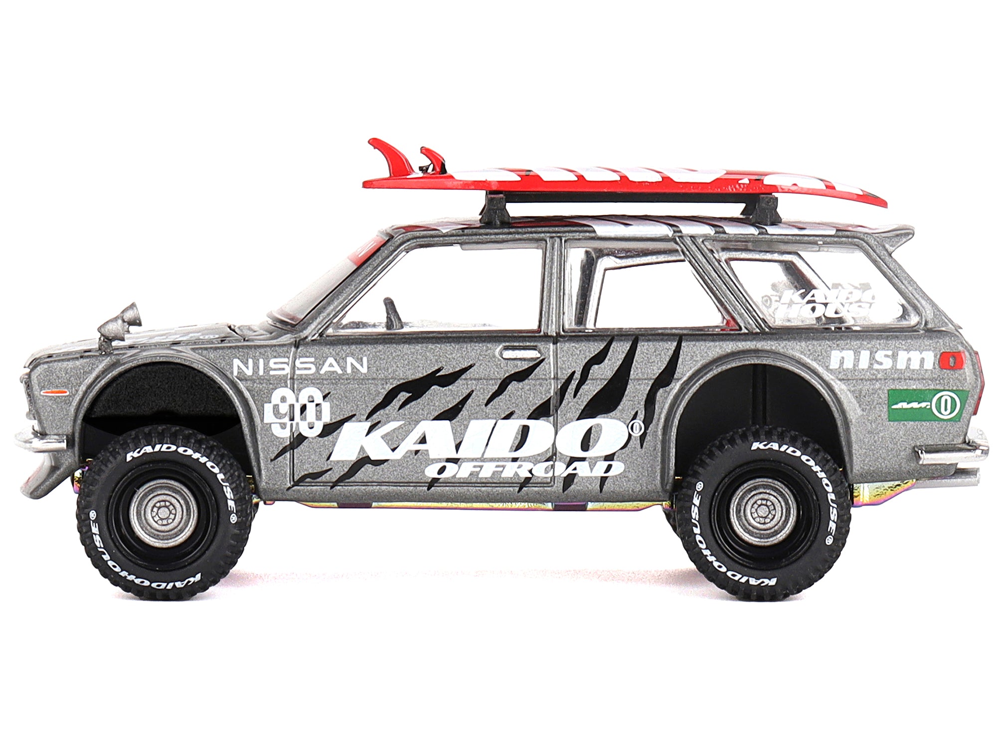 Datsun Kaido 510 Wagon 4x4 RHD (Right Hand Drive) "Kaido Offroad V1" Gray Metallic with Red Interior and Surfboards on Roof (Designed by Jun Imai) "Kaido House" Special 1/64 Diecast Model Car by Mini GT