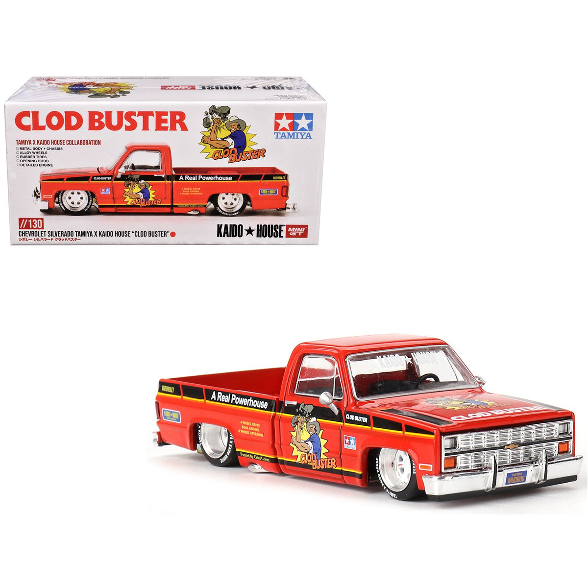 Chevrolet Silverado Pickup Truck "Clod Buster" Orange with Black Stripes (Designed by Jun Imai) "Tamiya x Kaido House" Special 1/64 Diecast Model Car by Mini GT