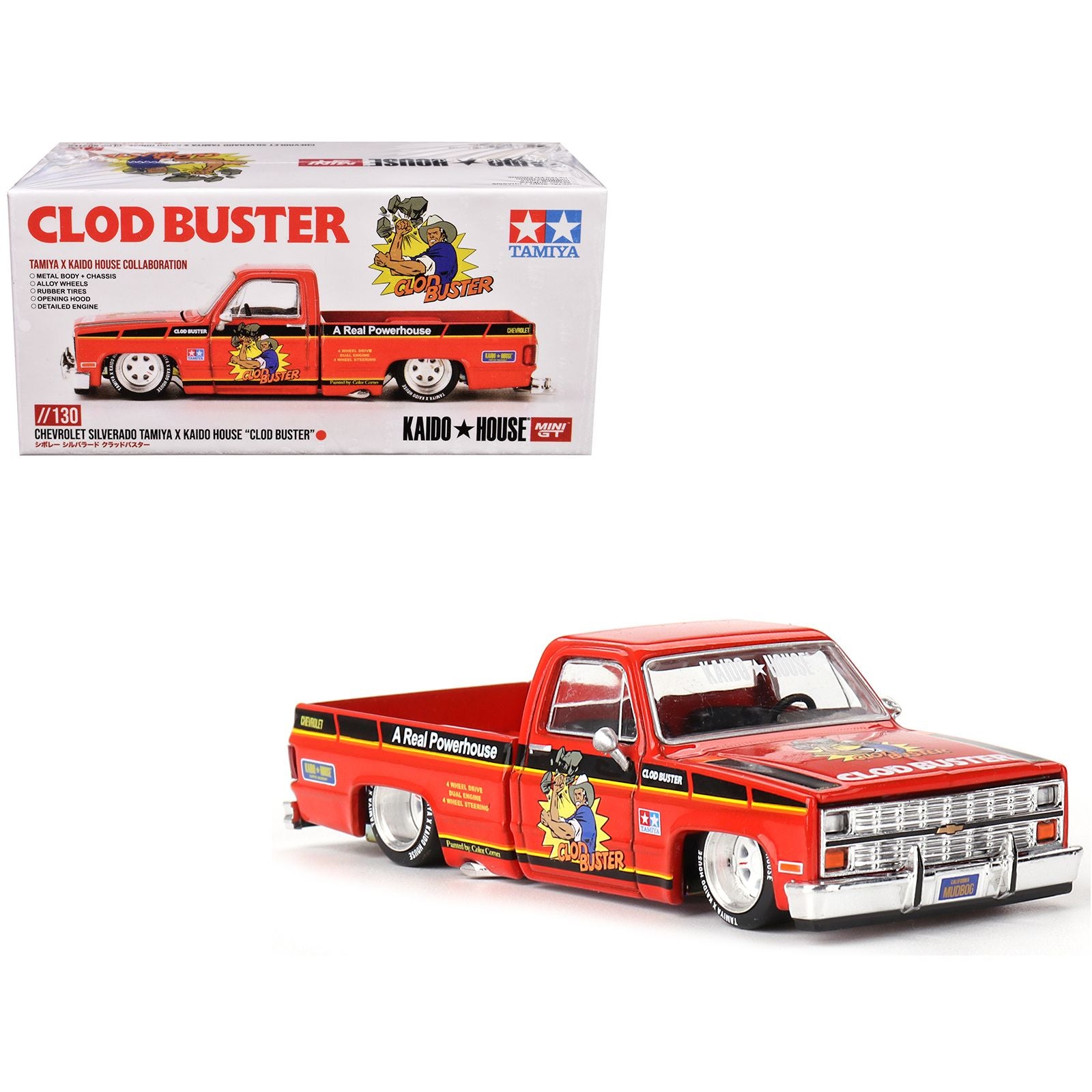 Chevrolet Silverado Pickup Truck "Clod Buster" Orange with Black Stripes (Designed by Jun Imai) "Tamiya x Kaido House" Special 1/64 Diecast Model Car by Mini GT