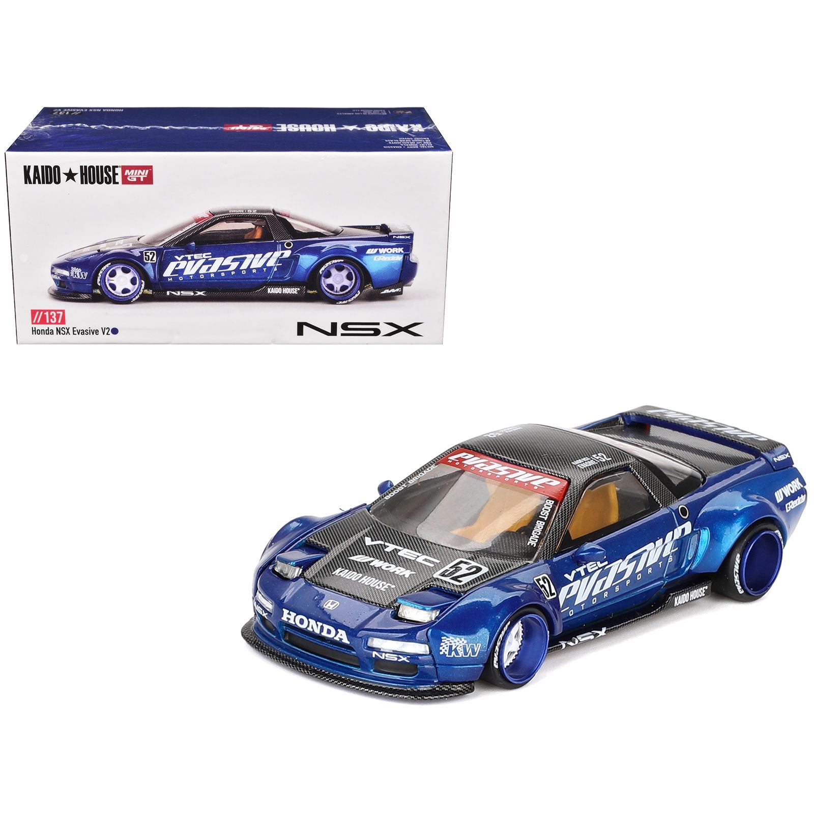 Honda NSX "Evasive V2" #52 Blue Metallic with Carbon Top (Designed by Jun Imai) "Kaido House" Special 1/64 Diecast Model Car by Mini GT