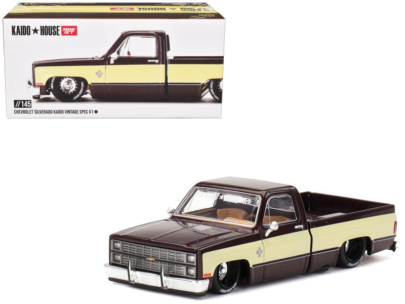 Chevrolet Silverado Pickup Truck "KAIDO Vintage Spec V1" Brown with Cream Sides (Designed by Jun Imai) "Kaido House" Special 1/64 Diecast Model Car by Mini GT