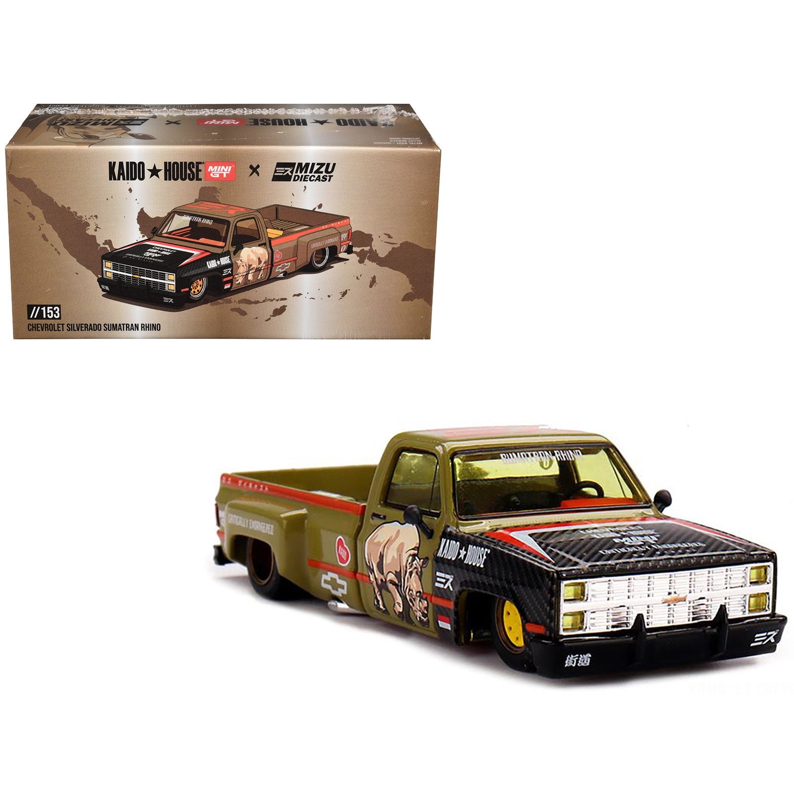 Chevrolet Silverado Dually Pickup Truck "Sumatran Rhino" Tan and Carbon with Graphics (Designed by Jun Imai) "Kaido House" Special 1/64 Diecast Model Car by Mini GT
