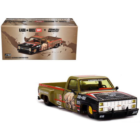 Chevrolet Silverado Dually Pickup Truck "Sumatran Rhino" Tan and Carbon with Graphics (Designed by Jun Imai) "Kaido House" Special 1/64 Diecast Model Car by Mini GT