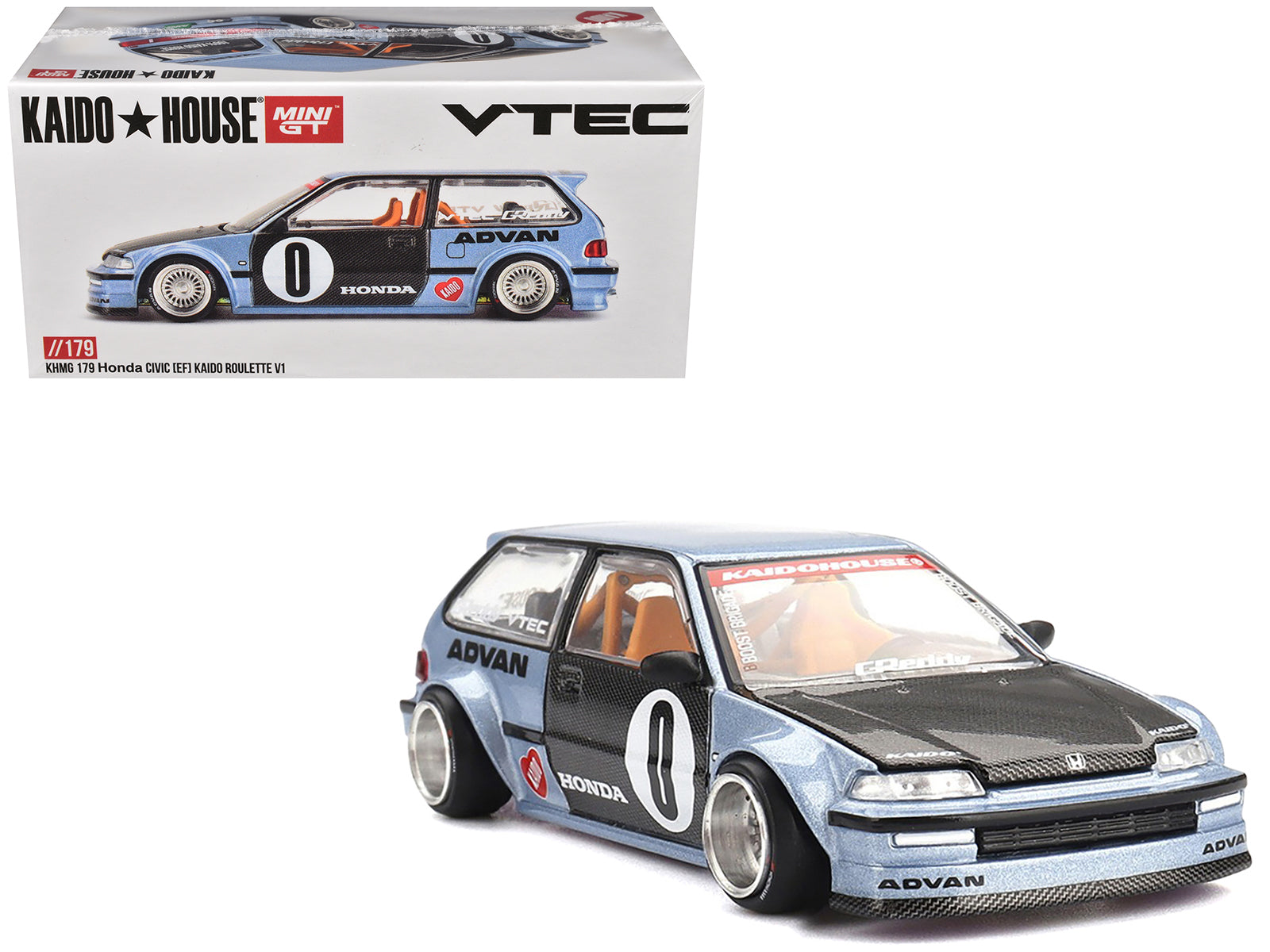 Honda Civic (EF) "Kaido Roulette V1" Blue Metallic with Carbon Hood and Doors (Designed by Jun Imai) "Kaido House" Special 1/64 Diecast Model Car by Mini GT
