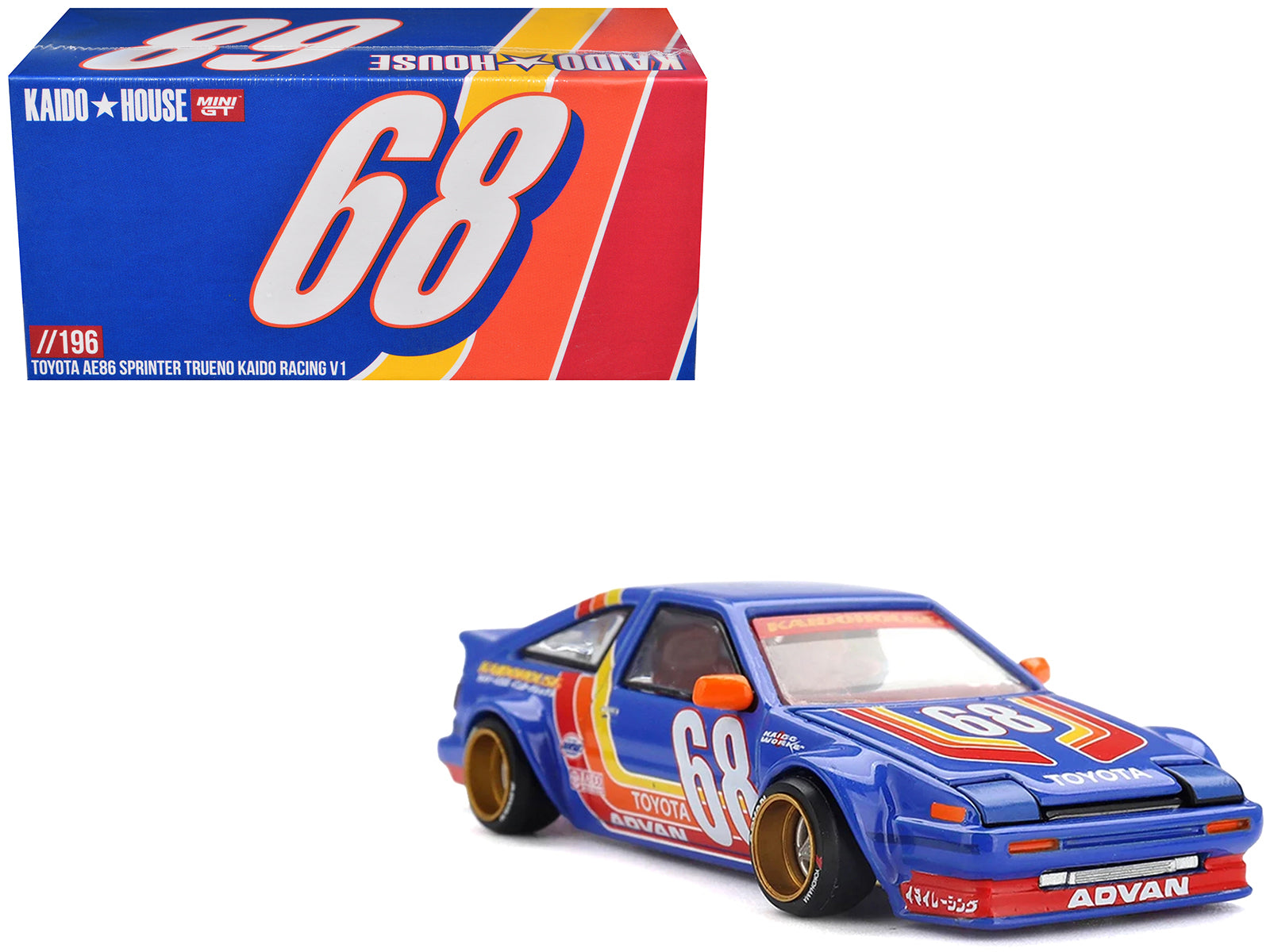 Toyota AE86 Sprinter Trueno "Kaido Racing V1" RHD (Right Hand Drive) #68 Blue with Stripes (Designed by Jun Imai) "Kaido House" Special 1/64 Diecast Model Car by Mini GT
