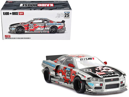 Nissan Skyline GT-R (R34) "Kaido Star Racing V1" RHD (Right Hand Drive) #25 Gray Metallic with Black Hood and Graphics (Designed by Jun Imai) "Kaido House" Special 1/64 Diecast Model Car by Mini GT