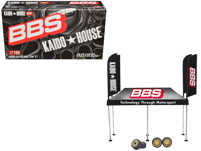 Kaido House "BBS" Tent V1 Black with Extra Wheels for 1/64 Scale Models by Mini GT