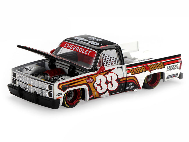 Chevrolet Silverado Pickup Truck #33 "Kaido Intimidator V1" White and Black with Graphics (Designed by Jun Imai) "Kaido House" Special 1/64 Diecast Model Car by Mini GT