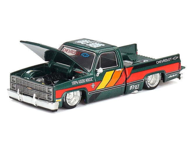 Chevrolet Silverado Pickup Truck "Kaido Works V3" Dark Green Metallic with Graphics (Designed by Jun Imai) "Kaido House" Special 1/64 Diecast Model Car by Mini GT