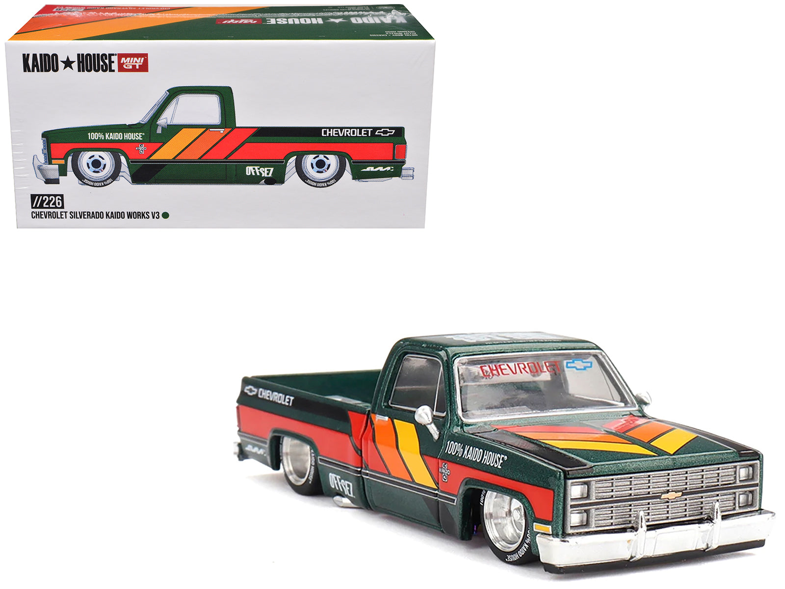 Chevrolet Silverado Pickup Truck "Kaido Works V3" Dark Green Metallic with Graphics (Designed by Jun Imai) "Kaido House" Special 1/64 Diecast Model Car by Mini GT