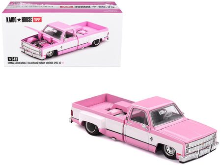 Chevrolet Silverado Dually Pickup Truck "Vintage Spec V2" Pink with White Sides (Designed by Jun Imai) "Kaido House" Special 1/64 Diecast Model Car by Mini GT