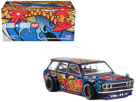 Datsun Kaido 510 Wagon RHD (Right Hand Drive) "Koi Wagon V1" Blue with Koi Fish Graphics (Designed by Jun Imai) "Kaido House" Special 1/64 Diecast Model Car by Mini GT