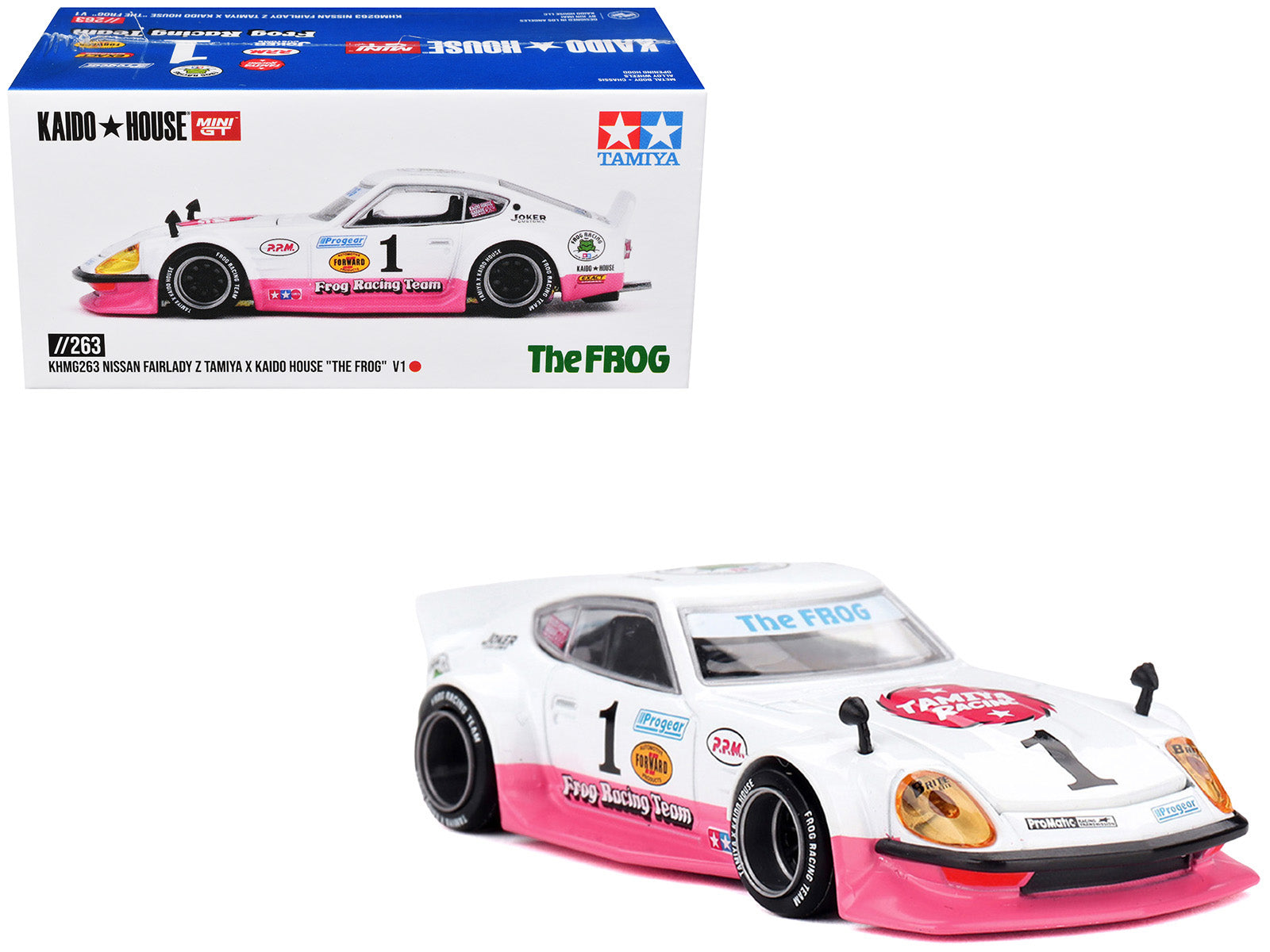 Nissan Fairlady Z RHD (Right Hand Drive) #1 "Tamiya Racing - Frog Racing Team" White and Pink (Designed by Jun Imai) "Kaido House" Special 1/64 Diecast Model Car by Mini GT