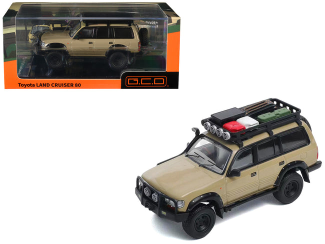 Toyota Land Cruiser 80 RHD (Right Hand Drive) Beige with Roof Rack and Accessories 1/64 Diecast Model Car by GCD