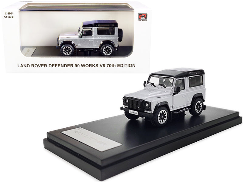 Land Rover Defender 90 Works V8 Silver Metallic with Black Top "70th Edition" 1/64 Diecast Model Car by LCD Models