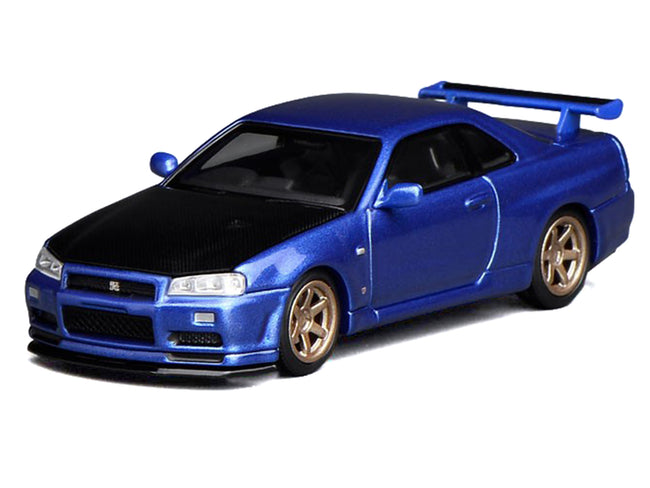 Nissan Skyline GT-R (R34) V-Spec II RHD (Right Hand Drive) Bayside Blue Metallic with Carbon Hood "Senior 64" Series 1/64 Diecast Model Car by MotorHelix