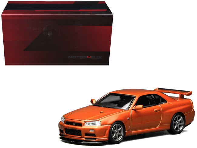 Nissan Skyline GT-R (R34) V-Spec II RHD (Right Hand Drive) Orange Metallic "Senior 64" Series 1/64 Diecast Model Car by MotorHelix