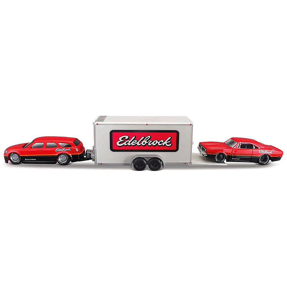 2006 Dodge Magnum R/T Red and Black and 1969 Dodge Charger R/T Red and Black with Enclosed Car Trailer "Edelbrock" "Team Haulers" Series 1/64 Diecast Model Car by Maisto