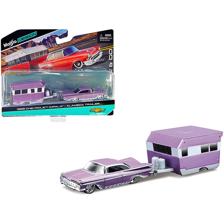 1959 Chevrolet Impala Purple Metallic with White Graphics and Alameda Trailer Purple Metallic and White "Tow & Go" Series 1/64 Diecast Model Car by Maisto