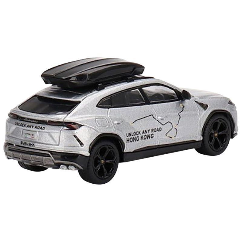 Lamborghini Urus with Roof Box "Unlock Any Road Hong Kong" Silver Metallic Limited Edition 1/64 Diecast Model Car by True Scale Miniatures