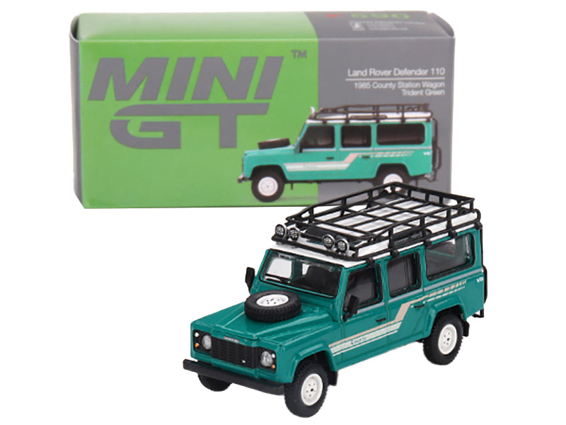 1985 Land Rover Defender 110 County Station Wagon Trident Green with Roof Rack Limited Edition to 2400 pieces Worldwide 1/64 Diecast Model Car by Mini GT