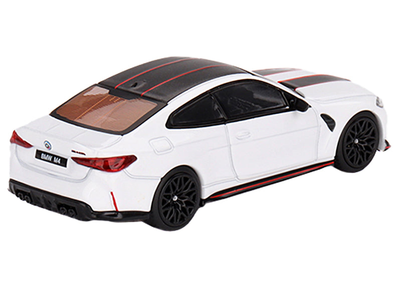 BMW M4 CSL Alpine White with Carbon Top and Black and Red Stripes Limited Edition to 2760 pieces Worldwide 1/64 Diecast Model Car by Mini GT