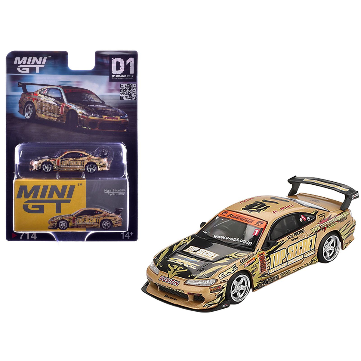 Nissan Silvia (S15) RHD (Right Hand Drive) #1 "Top Secret" Gold Metallic with Black Hood "D1 Grand Prix" Limited Edition 1/64 Diecast Model Car by Mini GT