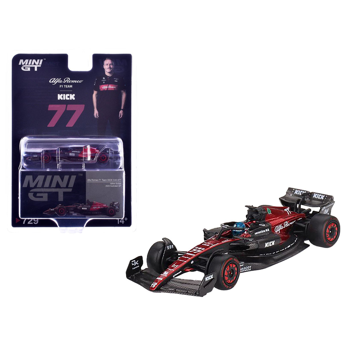 Alfa Romeo C43 #77 Valtteri Bottas "Alfa Romeo F1 Team Kick" Formula One F1 "Australian GP" (2023) Limited Edition 1/64 Diecast Model Car by Mini GT