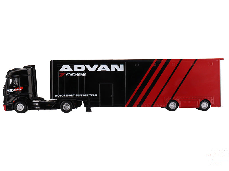 Mercedes-Benz Actros with Racing Transporter Red and Black "ADVAN" 1/64 Diecast Model Car by Mini GT