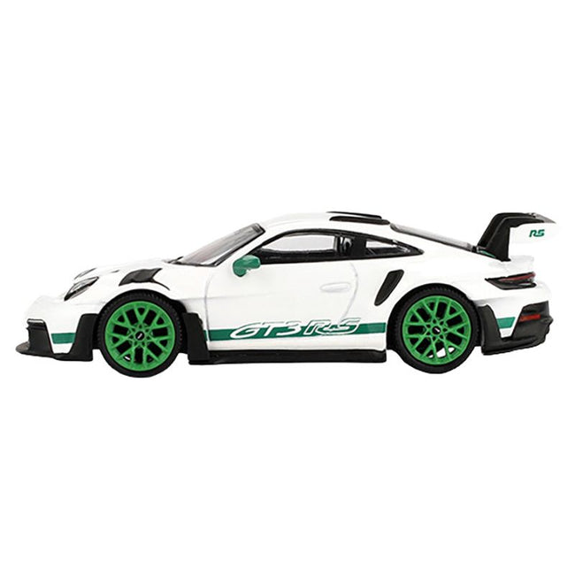 Porsche 911 (992) GT3 RS White with Green Stripes and Wheels "Tribute to Carrera RS Package" Limited Edition 1/64 Diecast Model Car by Mini GT