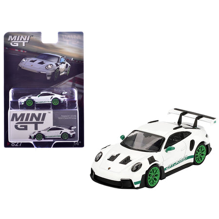 Porsche 911 (992) GT3 RS White with Green Stripes and Wheels "Tribute to Carrera RS Package" Limited Edition 1/64 Diecast Model Car by Mini GT