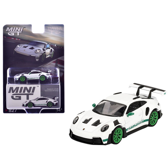 Porsche 911 (992) GT3 RS White with Green Stripes and Wheels "Tribute to Carrera RS Package" Limited Edition 1/64 Diecast Model Car by Mini GT