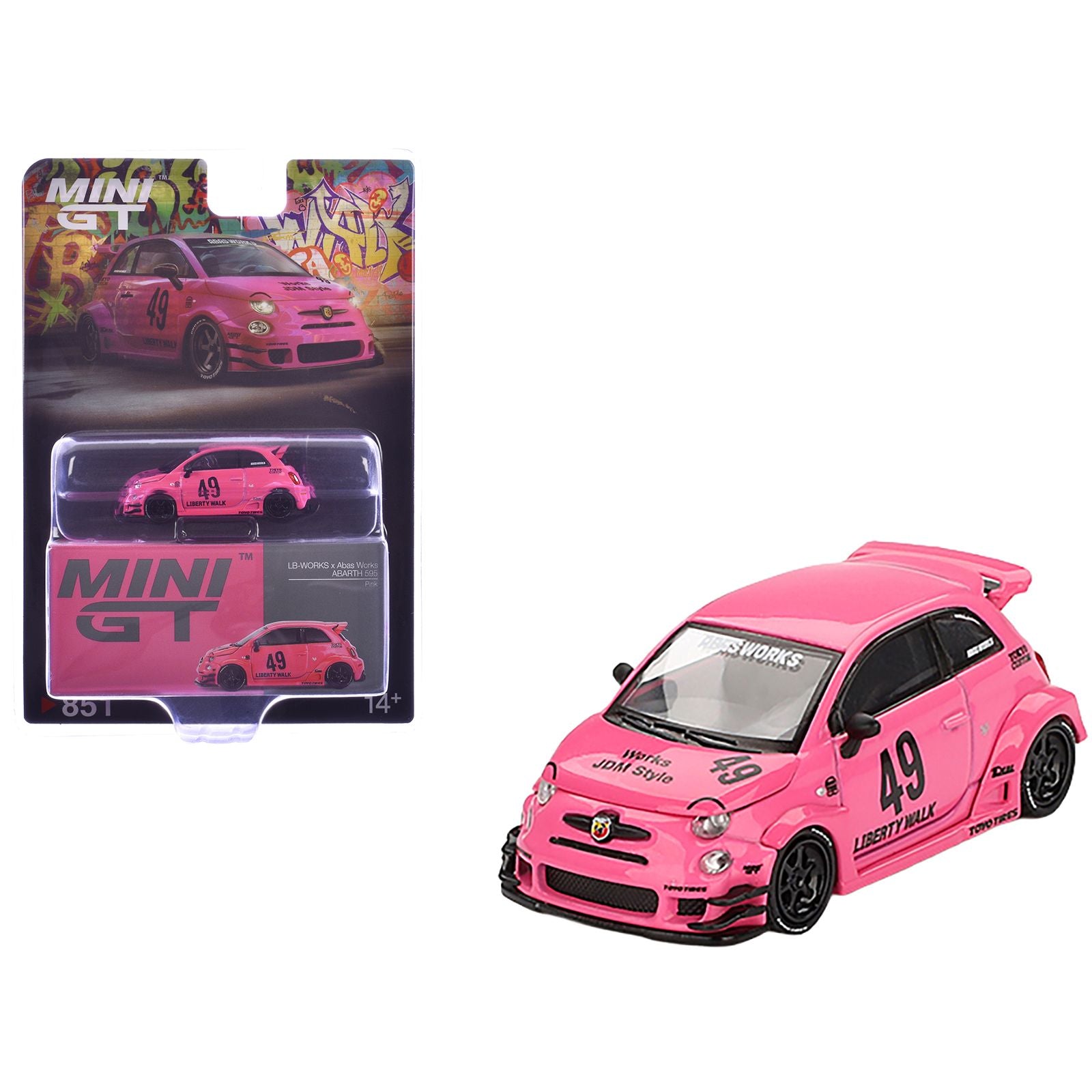 ABARTH 595 #49 "LB-Works x Abas Works" Pink Limited Edition 1/64 Diecast Model Car by Mini GT