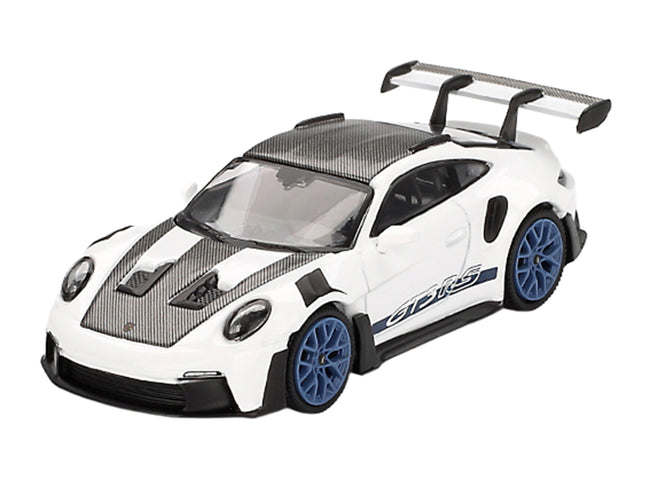 Porsche 911 (992) GT3 RS Weissach Package White with Carbon Top and Hood and Indigo Blue Wheels Limited Edition 1/64 Diecast Model Car by Mini GT