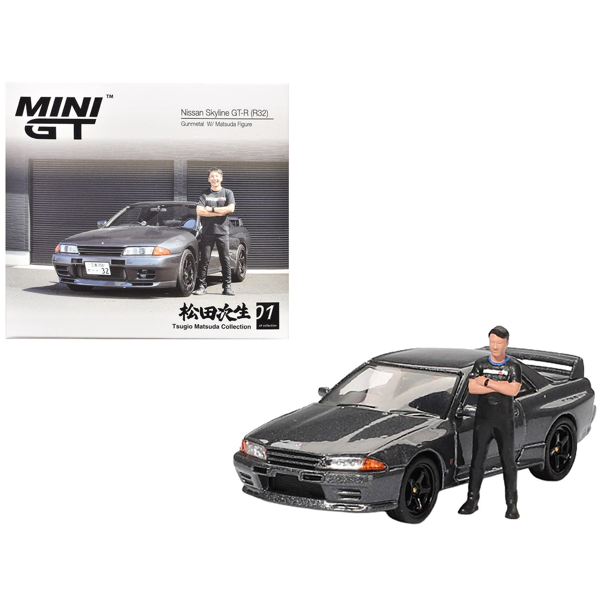 Nissan Skyline GT-R (R32) RHD (Right Hand Drive) Gunmetal Gray Metallic with Tsugio Matsuda Figure Limited Edition 1/64 Diecast Model Car by Mini GT