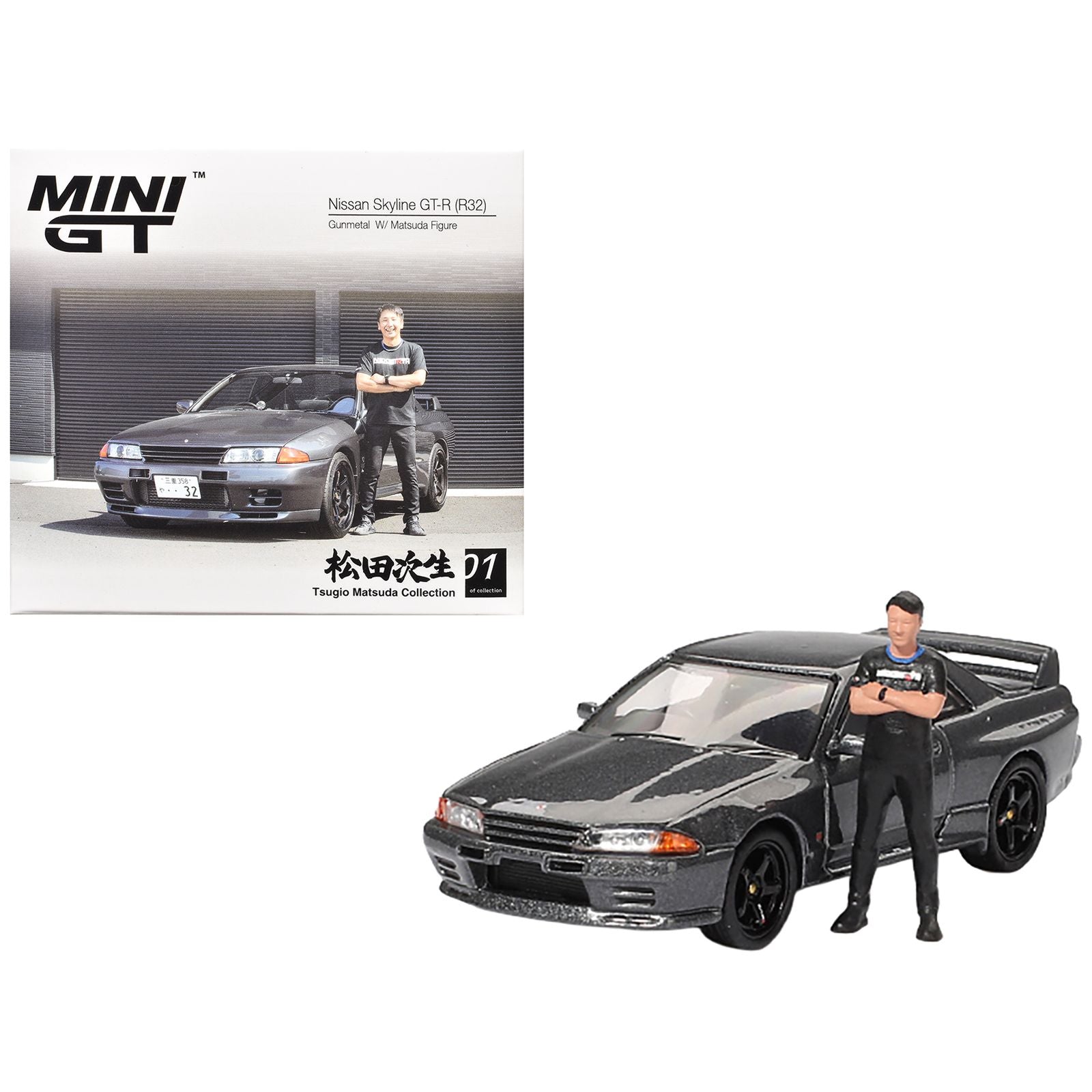 Nissan Skyline GT-R (R32) RHD (Right Hand Drive) Gunmetal Gray Metallic with Tsugio Matsuda Figure Limited Edition 1/64 Diecast Model Car by Mini GT