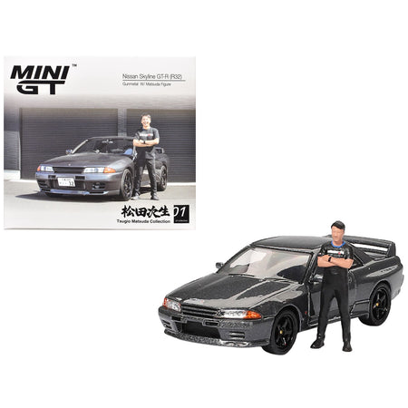 Nissan Skyline GT-R (R32) RHD (Right Hand Drive) Gunmetal Gray Metallic with Tsugio Matsuda Figure Limited Edition 1/64 Diecast Model Car by Mini GT