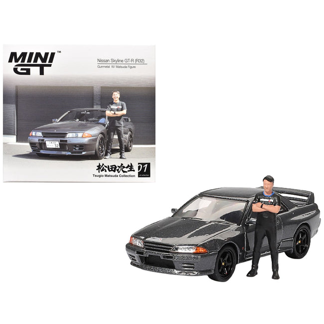 Nissan Skyline GT-R (R32) RHD (Right Hand Drive) Gunmetal Gray Metallic with Tsugio Matsuda Figure Limited Edition 1/64 Diecast Model Car by Mini GT