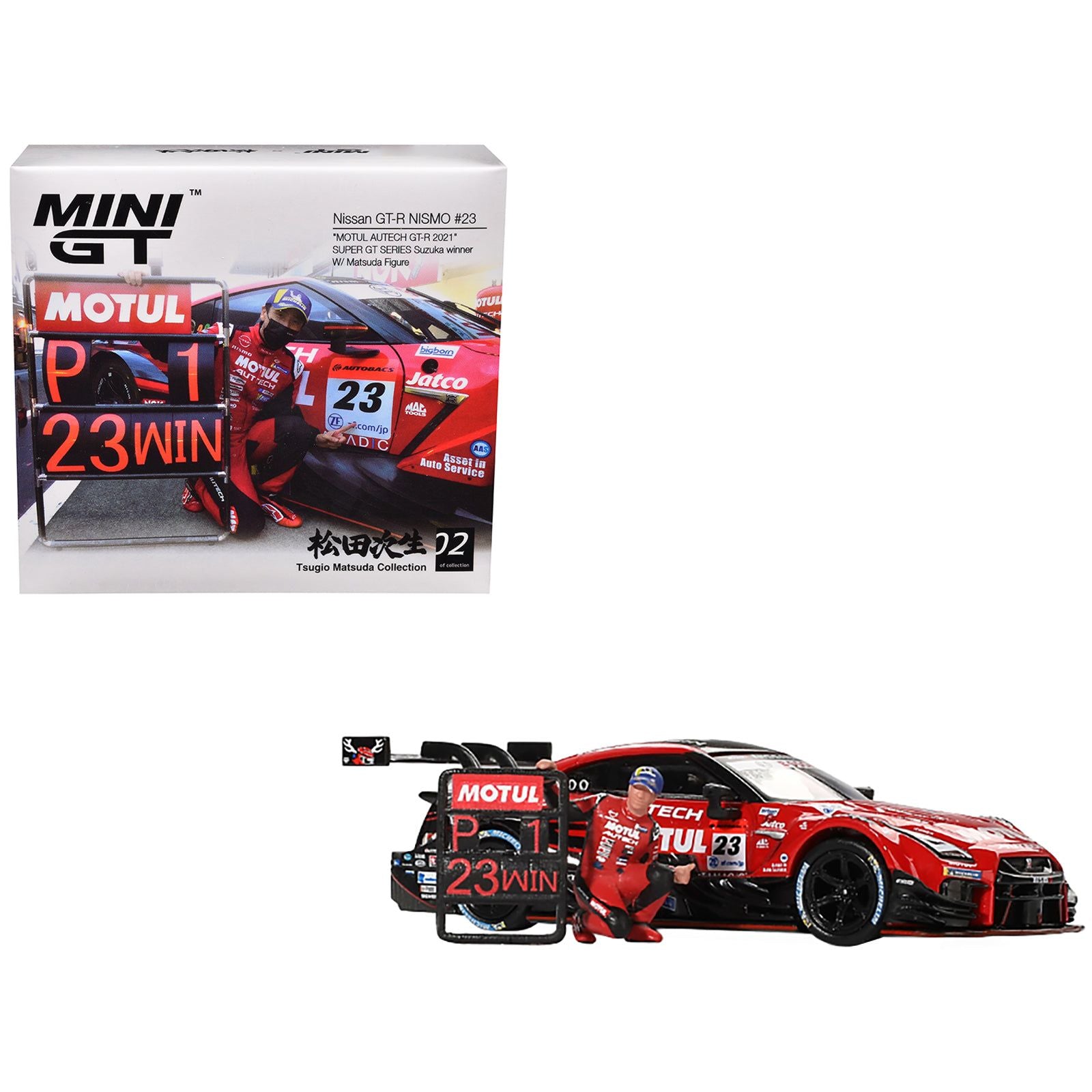 Nissan GT-R NISMO #23 Tsugio Matsuda - Ronnie Quintarelli "MOTUL AUTECH" Winner "Suzuka - Super GT Series" (2021) with Matsuda Figure Limited Edition 1/64 Diecast Model Car by Mini GT