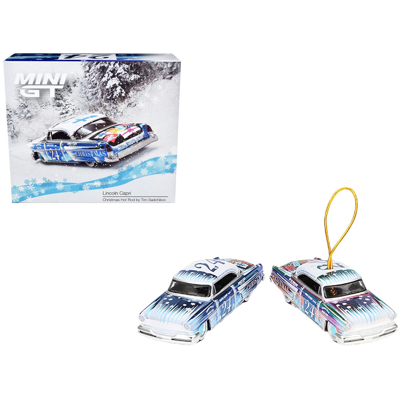 1954 Lincoln Capri "Christmas Hot Rod 2024 Edition by Tim Sadchikov" #24 Blue Metallic with Christmas Graphics and Lincoln Capri Tree Ornament Limited Edition to 9999 pieces Worldwide 1/64 Diecast Model Car by Mini GT