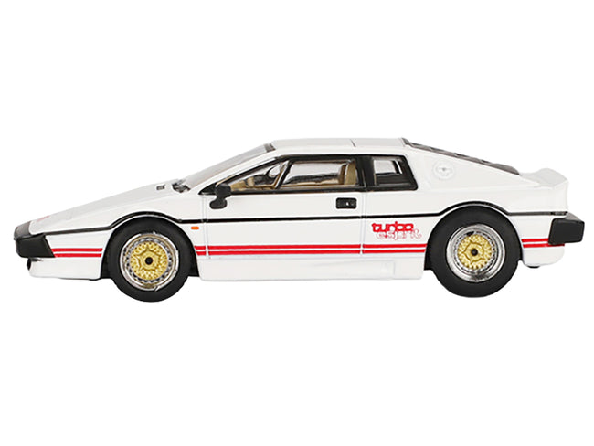 Lotus Esprit Turbo RHD (Right Hand Drive) White with Red Stripes 007 James Bond "For Your Eyes Only" (1981) Movie Limited Edition 1/64 Diecast Model Car by Mini GT