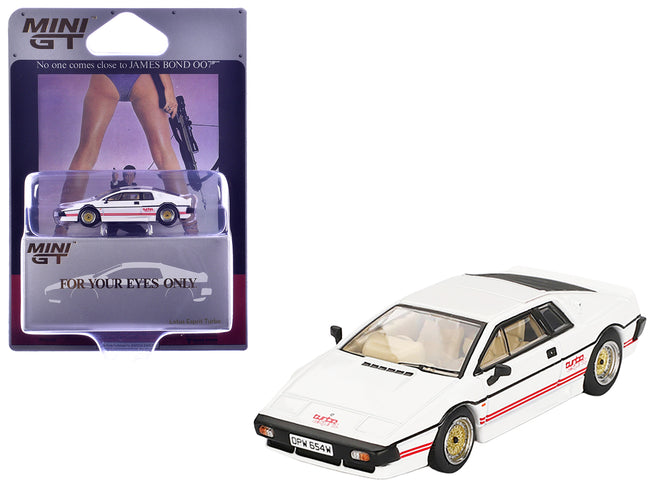 Lotus Esprit Turbo RHD (Right Hand Drive) White with Red Stripes 007 James Bond "For Your Eyes Only" (1981) Movie Limited Edition 1/64 Diecast Model Car by Mini GT