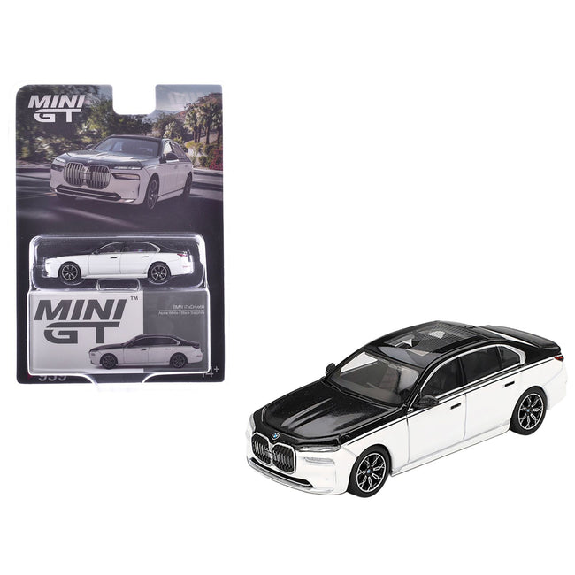 BMW i7 xDrive60 Dravit Alpine White and Black Sapphire Limited Edition 1/64 Diecast Model Car by Mini GT