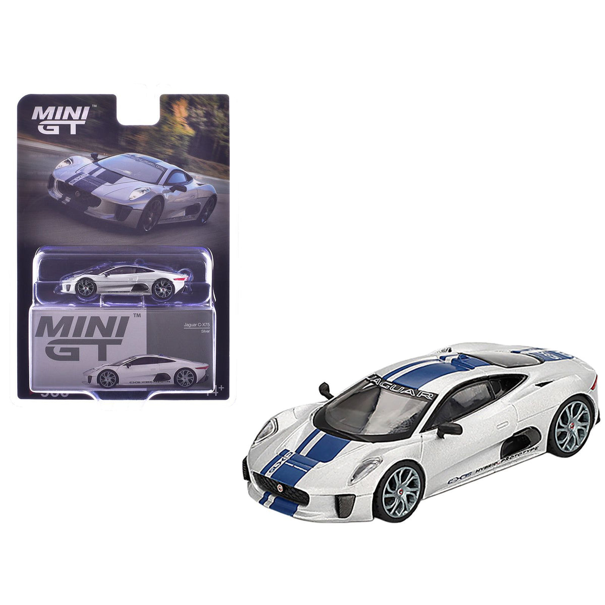 Jaguar C-X75 Silver Metallic with Blue Stripes Limited Edition 1/64 Diecast Model Car by Mini GT