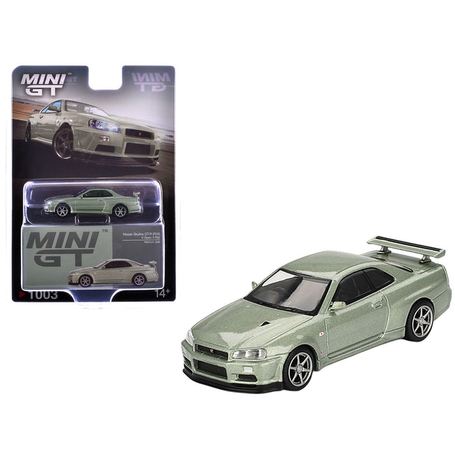 Nissan Skyline GT-R (R34) V-Spec II Nur RHD (Right Hand Drive) Millenium Jade Metallic Limited Edition 1/64 Diecast Model Car by Mini GT