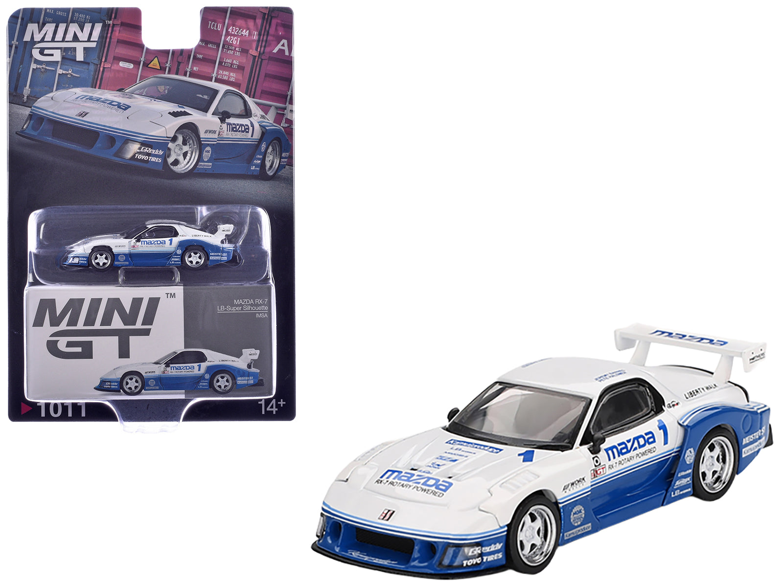 Mazda RX-7 LB-Super Silhouette RHD (Right Hand Drive) "IMSA" White and Blue Limited Edition 1/64 Diecast Model Car by Mini GT