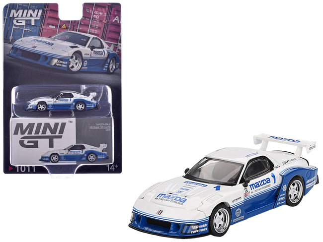 Mazda RX-7 LB-Super Silhouette RHD (Right Hand Drive) "IMSA" White and Blue Limited Edition 1/64 Diecast Model Car by Mini GT