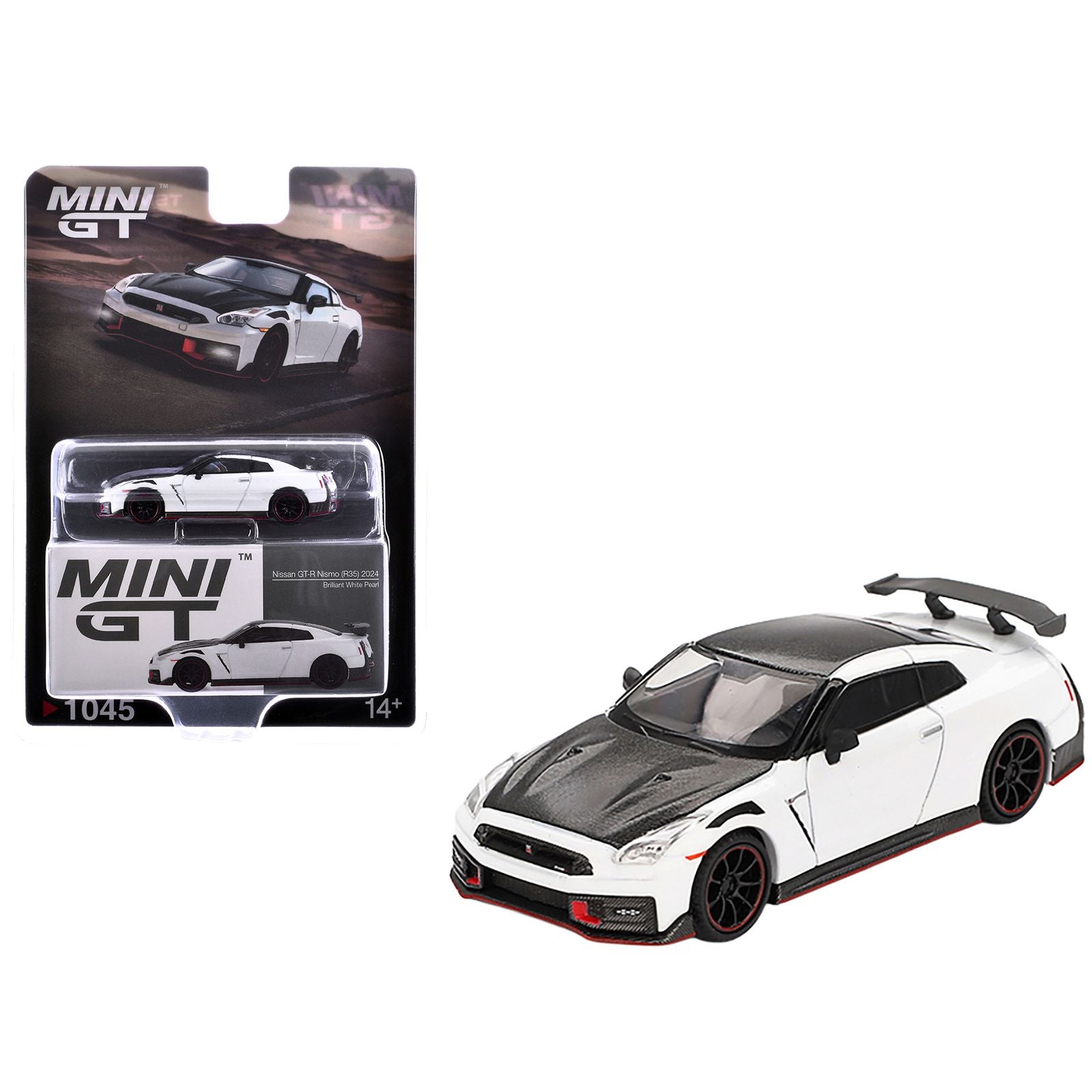 2024 Nissan GT-R Nismo (R35) Brilliant White Pearl with Carbon Hood and Top Limited Edition 1/64 Diecast Model Car by Mini GT