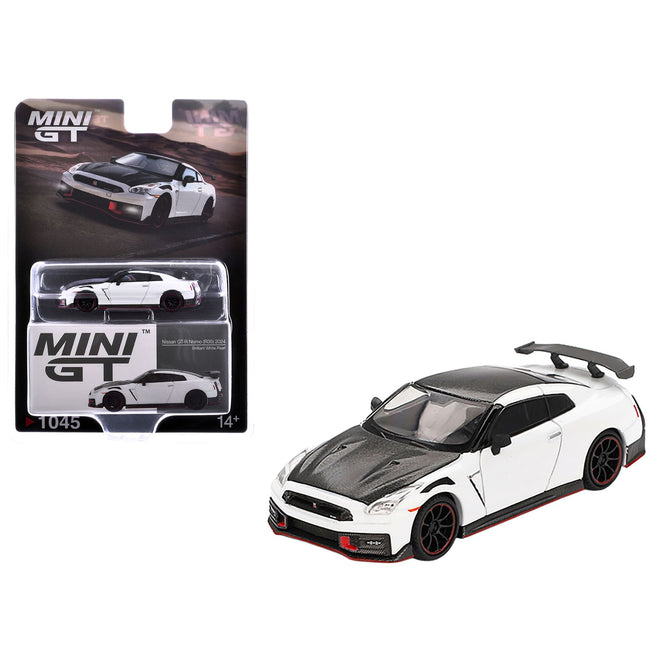 2024 Nissan GT-R Nismo (R35) Brilliant White Pearl with Carbon Hood and Top Limited Edition 1/64 Diecast Model Car by Mini GT