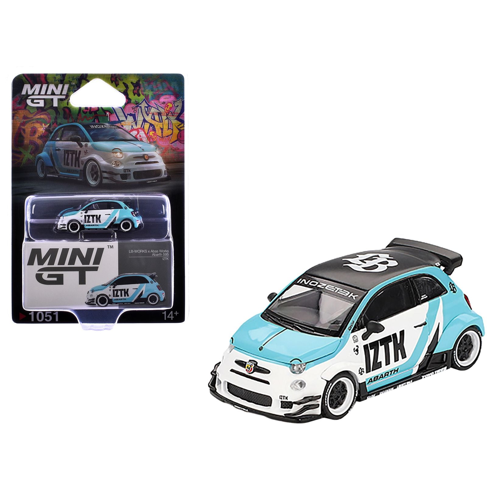 ABARTH 595 "LB-Works x Abas Works - IZTK" Light Blue and White with Black Top Limited Edition 1/64 Diecast Model Car by Mini GT